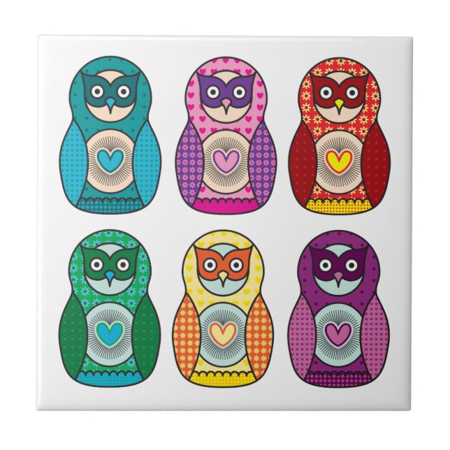 Rainbow Matryoshka Owls Tile (Front)