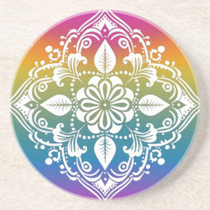 Rainbow Mehndi Pattern Sandstone Coaster