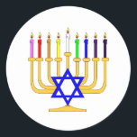 Rainbow Menorah Classic Round Sticker<br><div class="desc">Rainbow Menorah where some items like greeting cards have customizable text "Happy Hanukkah"</div>