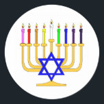 Rainbow Menorah Classic Round Sticker<br><div class="desc">Rainbow Menorah where some items like greeting cards have customizable text "Happy Hanukkah"</div>