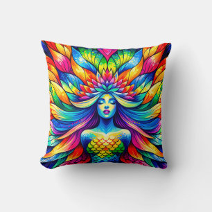“Rainbow Mermaid Floating- Vibrant Underwater Art" Throw Pillow