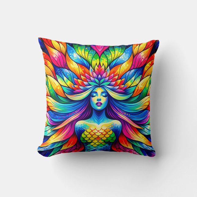 “Rainbow Mermaid Floating- Vibrant Underwater Art" Throw Pillow (Front)