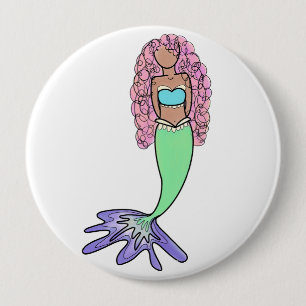 rainbow mermaid pink blue purple green black curly 4 inch round button