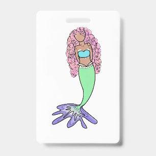 rainbow mermaid pink blue purple green black curly badge