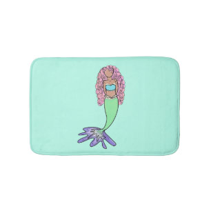 rainbow mermaid pink blue purple green black curly bath mat