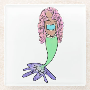 rainbow mermaid pink blue purple green black curly glass coaster