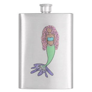 rainbow mermaid pink blue purple green black curly hip flask