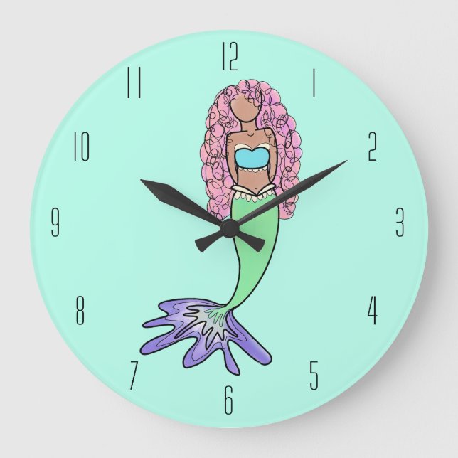 rainbow mermaid pink blue purple green black curly large clock (Front)