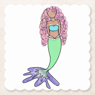 rainbow mermaid pink blue purple green black curly paper coaster