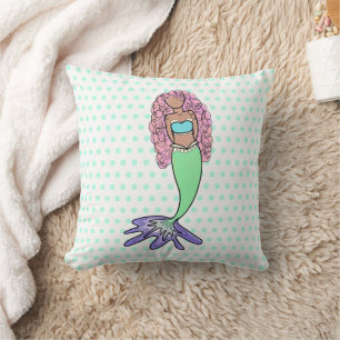 rainbow mermaid pink blue purple green black curly throw pillow