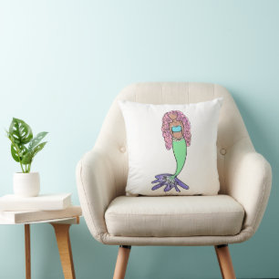 rainbow mermaid pink blue purple green black curly throw pillow