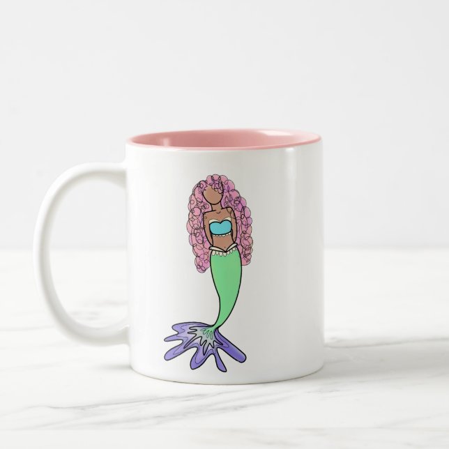rainbow mermaid pink blue purple green black curly Two-Tone coffee mug (Left)