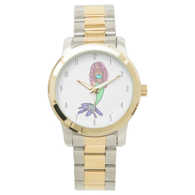 rainbow mermaid pink blue purple green black curly watch (Front)