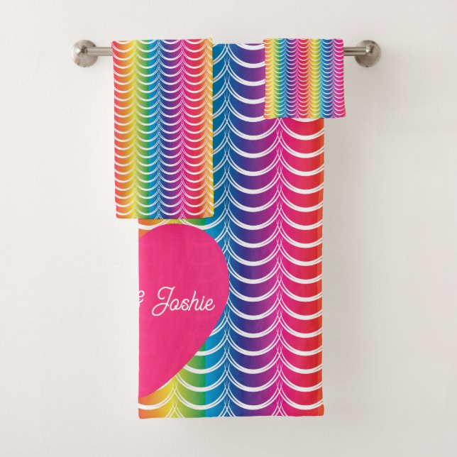 Rainbow Mermaid Pride Heart Bath Towel Set (Insitu)