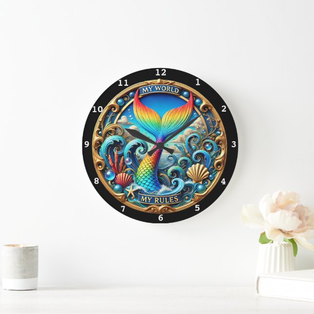  Rainbow Mermaid Tail Ocean Timepiece Large Clock (Home)
