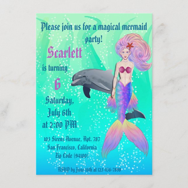 Rainbow Mermaid with Dolphin Summer Birthday Enclosure Card (Front)