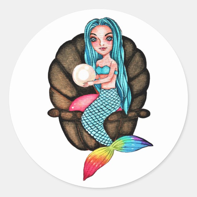 Rainbow Mermaid With Pearl In Watercolor Classic Round Sticker (Front)