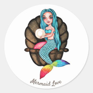 Rainbow Mermaid With Pearl In Watercolor Classic Round Sticker