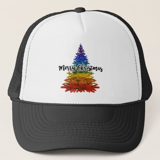rainbow merry christmas tree trucker hat (Front)