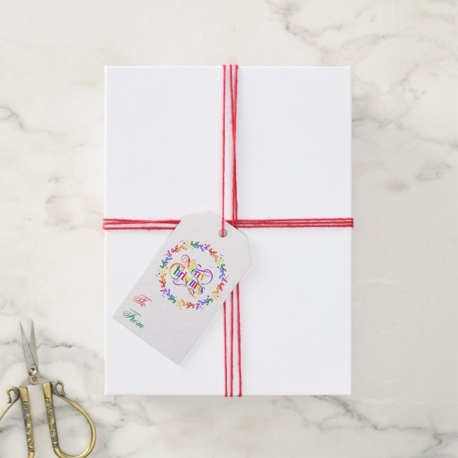 Rainbow Merry Christmas Wreath Gift Tag (With Twine)