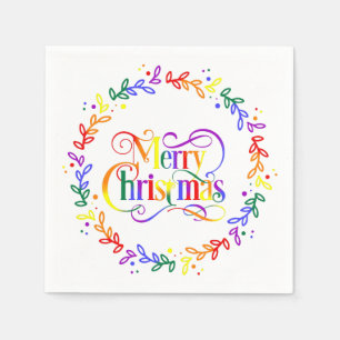 Rainbow Merry Christmas Wreath Paper Napkins