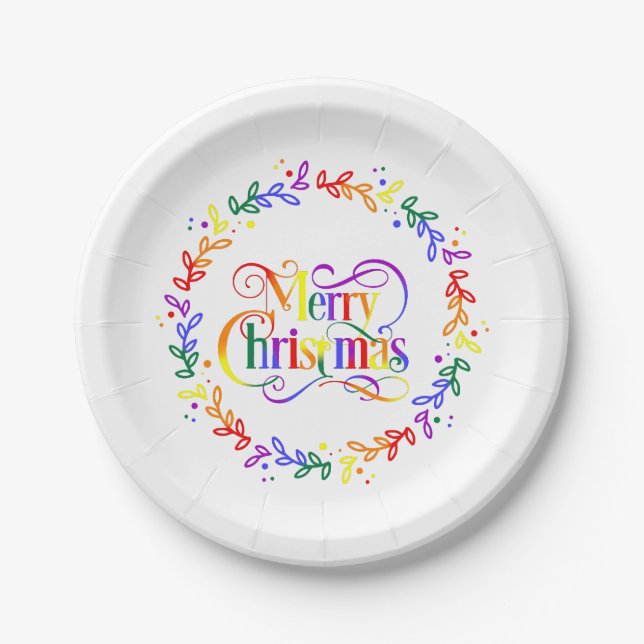 Rainbow Merry Christmas Wreath Paper Plates (Front)