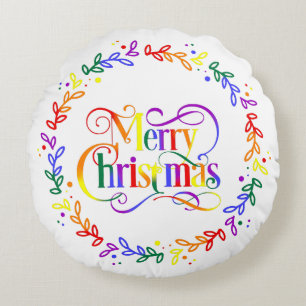 Rainbow Merry Christmas Wreath Round Throw Pillow