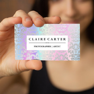 Rainbow Metallic Blend   Silver Damask Pattern Business Card