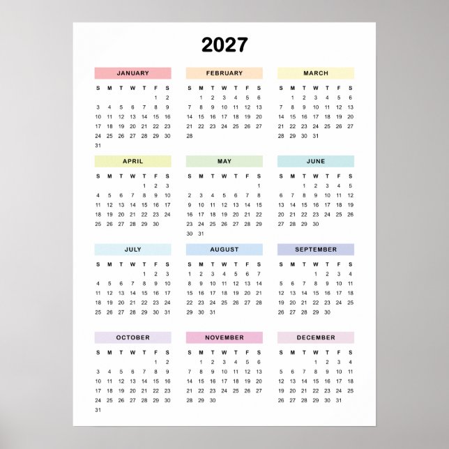 Rainbow Minimalist 2027 Calendar Poster (Front)