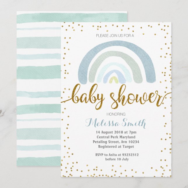 Rainbow Mint bleu baby shower Invitation carte gar (Devant / Derrière)