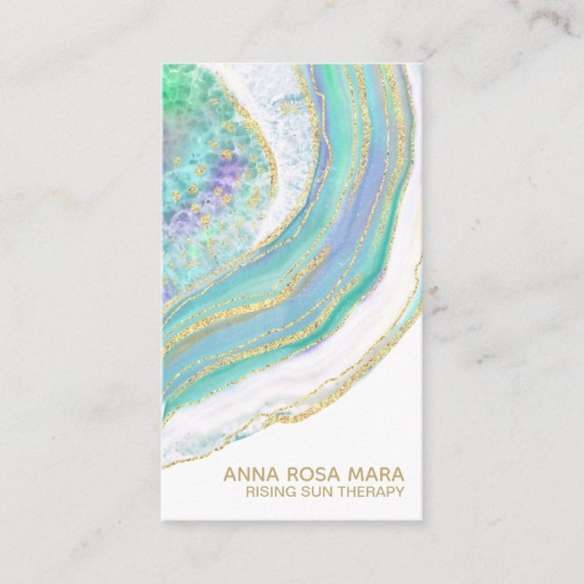 *~* Rainbow Mint  Blue  Agate Gold Glitter Pastel Business Card (Front)