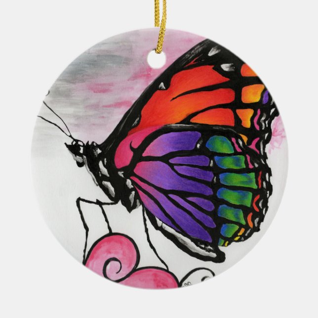 Rainbow Monarch Butterfly Original Fantasy Art Ceramic Ornament (Front)