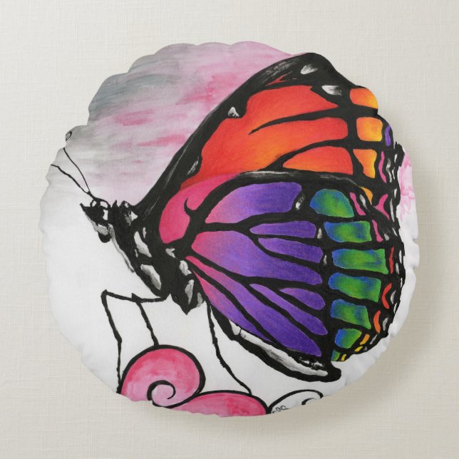 Rainbow Monarch Butterfly Original Fantasy Art Round Pillow (Front)