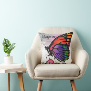 Rainbow Monarch Butterfly Original Fantasy Art Throw Pillow