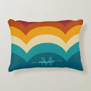 Rainbow Monogram Custom Name Retro Sunset Stripe  Accent Pillow
