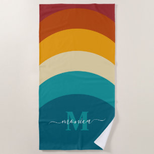 Rainbow Monogram Custom Name Retro Sunset Stripe  Beach Towel