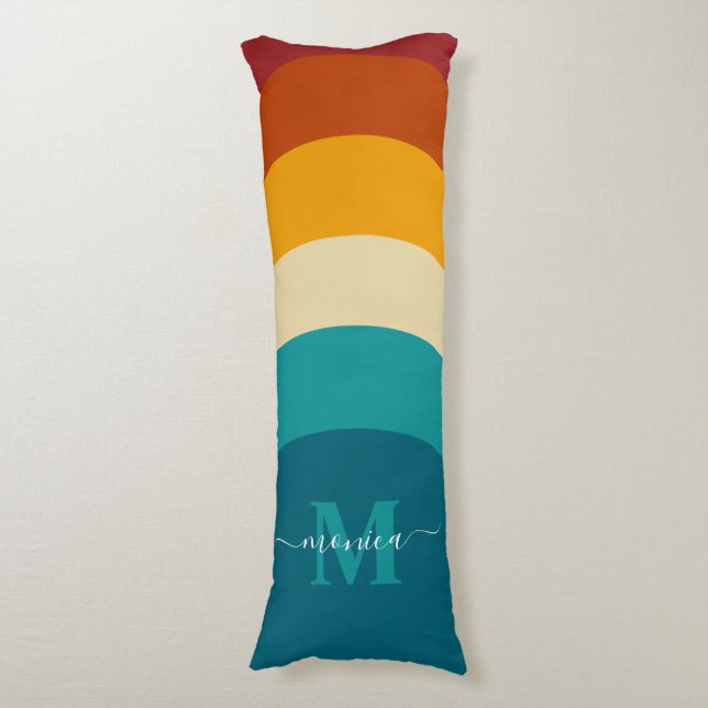Rainbow Monogram Custom Name Retro Sunset Stripe  Body Pillow (Front Vertical)