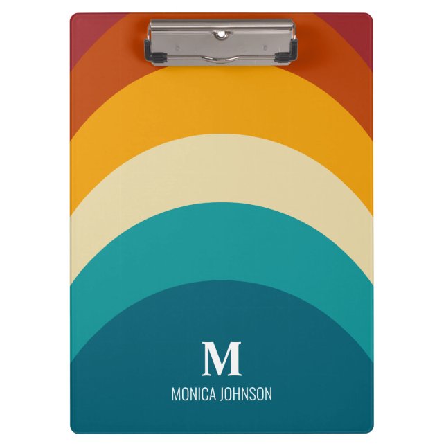 Rainbow Monogram Custom Name Retro Sunset Stripe Clipboard (Front)
