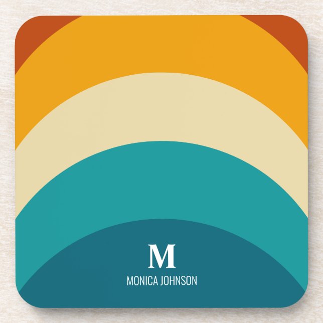 Rainbow Monogram Custom Name Retro Sunset Stripe Coaster (Front)