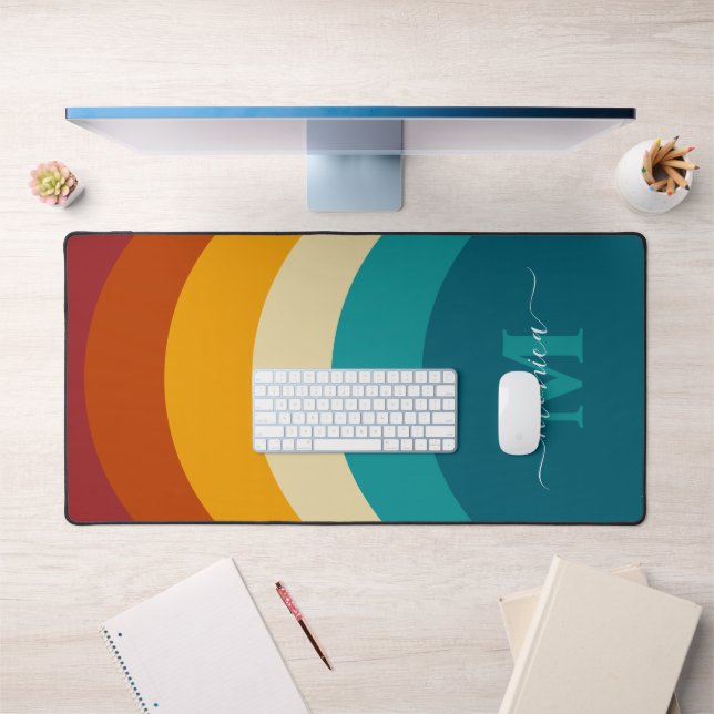 Rainbow Monogram Custom Name Retro Sunset Stripe  Desk Mat (Office 1)