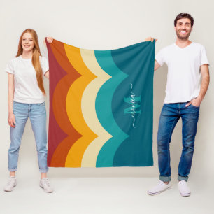 Rainbow Monogram Custom Name Retro Sunset Stripe  Fleece Blanket