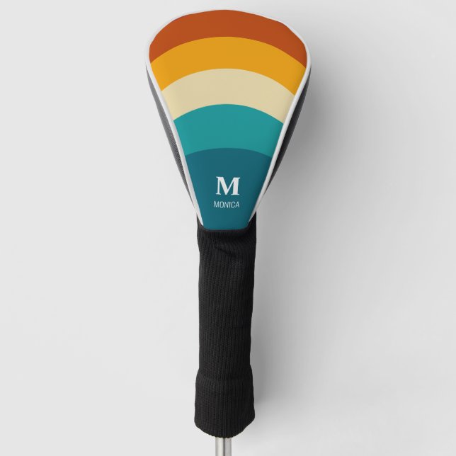 Rainbow Monogram Custom Name Retro Sunset Stripe Golf Head Cover (Front)