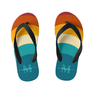 Rainbow Monogram Custom Name Retro Sunset Stripe  Kid's Flip Flops