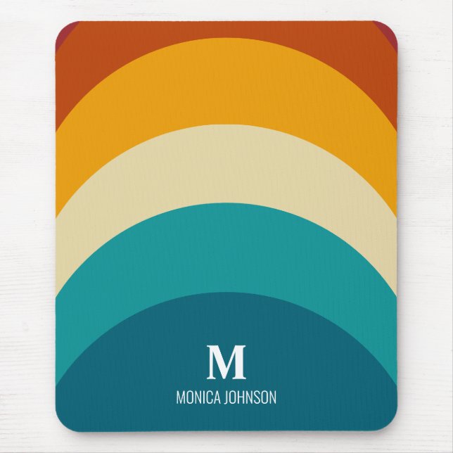 Rainbow Monogram Custom Name Retro Sunset Stripe Mouse Pad (Front)
