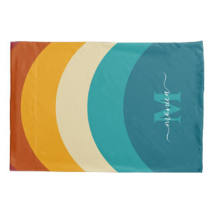 Rainbow Monogram Custom Name Retro Sunset Stripe  Pillowcase