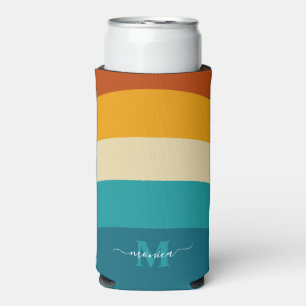 Rainbow Monogram Custom Name Retro Sunset Stripe  Seltzer Can Cooler
