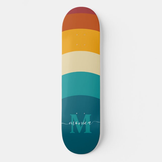 Rainbow Monogram Custom Name Retro Sunset Stripe  Skateboard (Front)