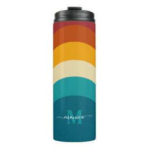 Rainbow Monogram Custom Name Retro Sunset Stripe  Thermal Tumbler