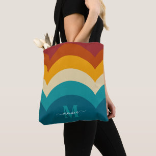 Rainbow Monogram Custom Name Retro Sunset Stripe Tote Bag