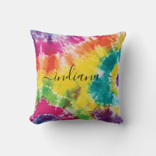 Rainbow Monogram Name Colourful Script Tie Dye Throw Pillow